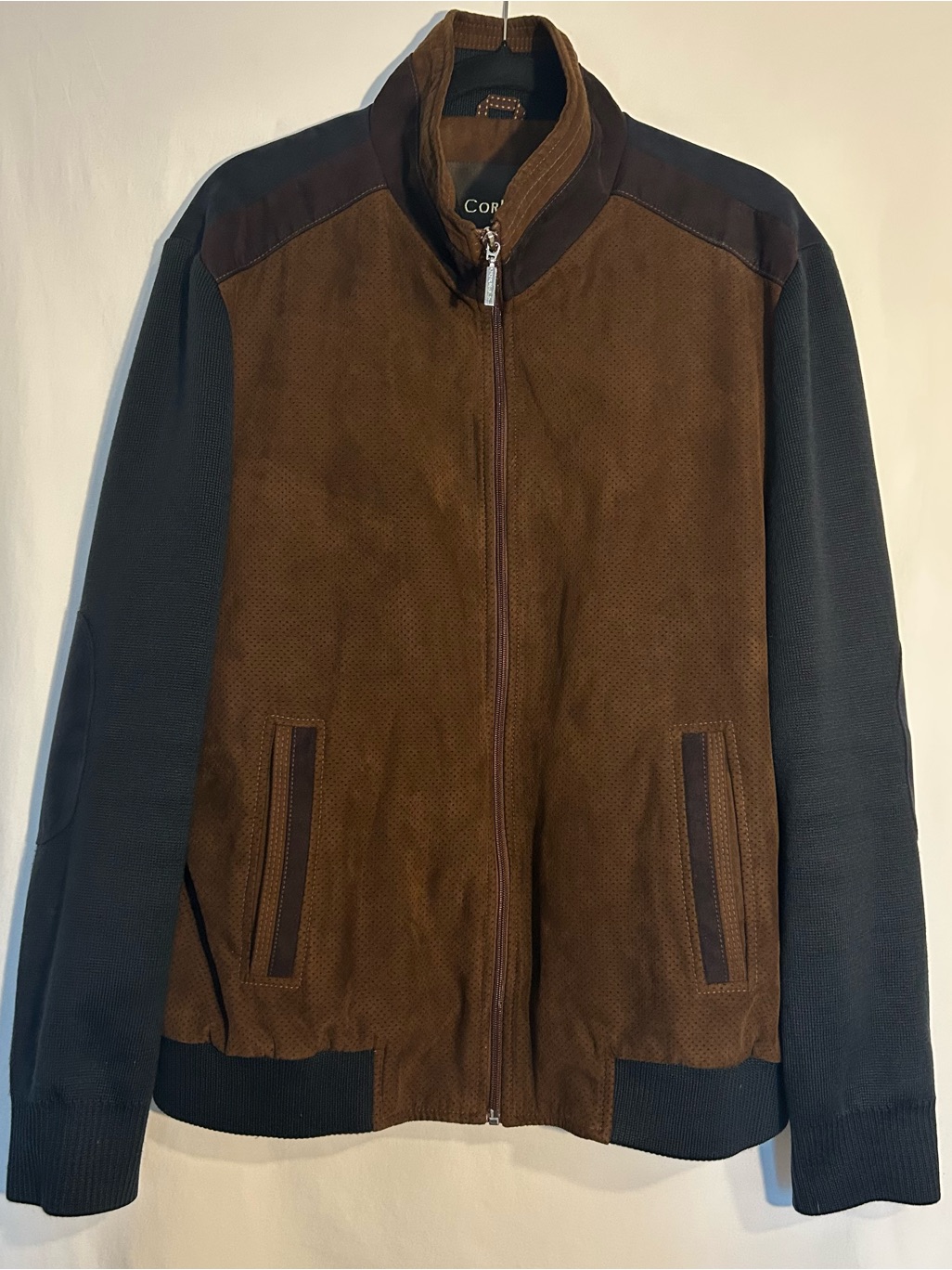 Corelli Uomo Italy Men’s Xl Brown Navy Bomber Jacket Full Zip Lined